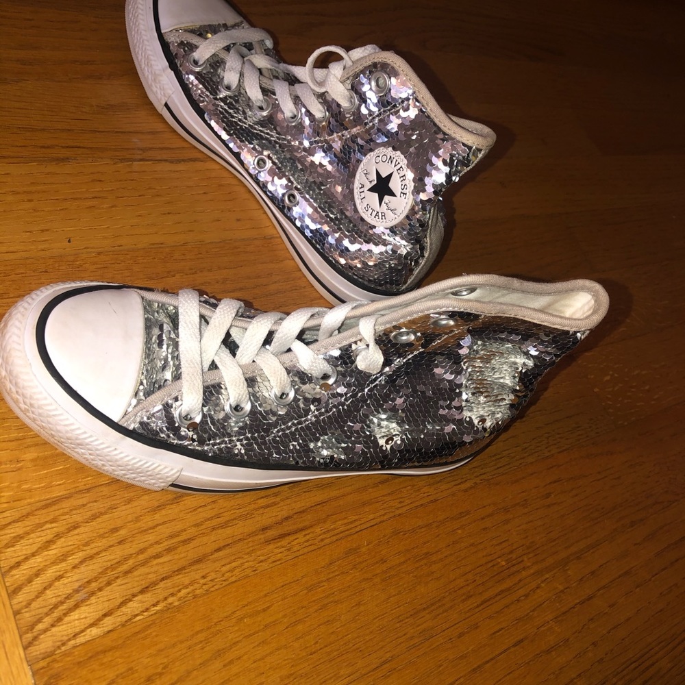 silver sequin high  top converse